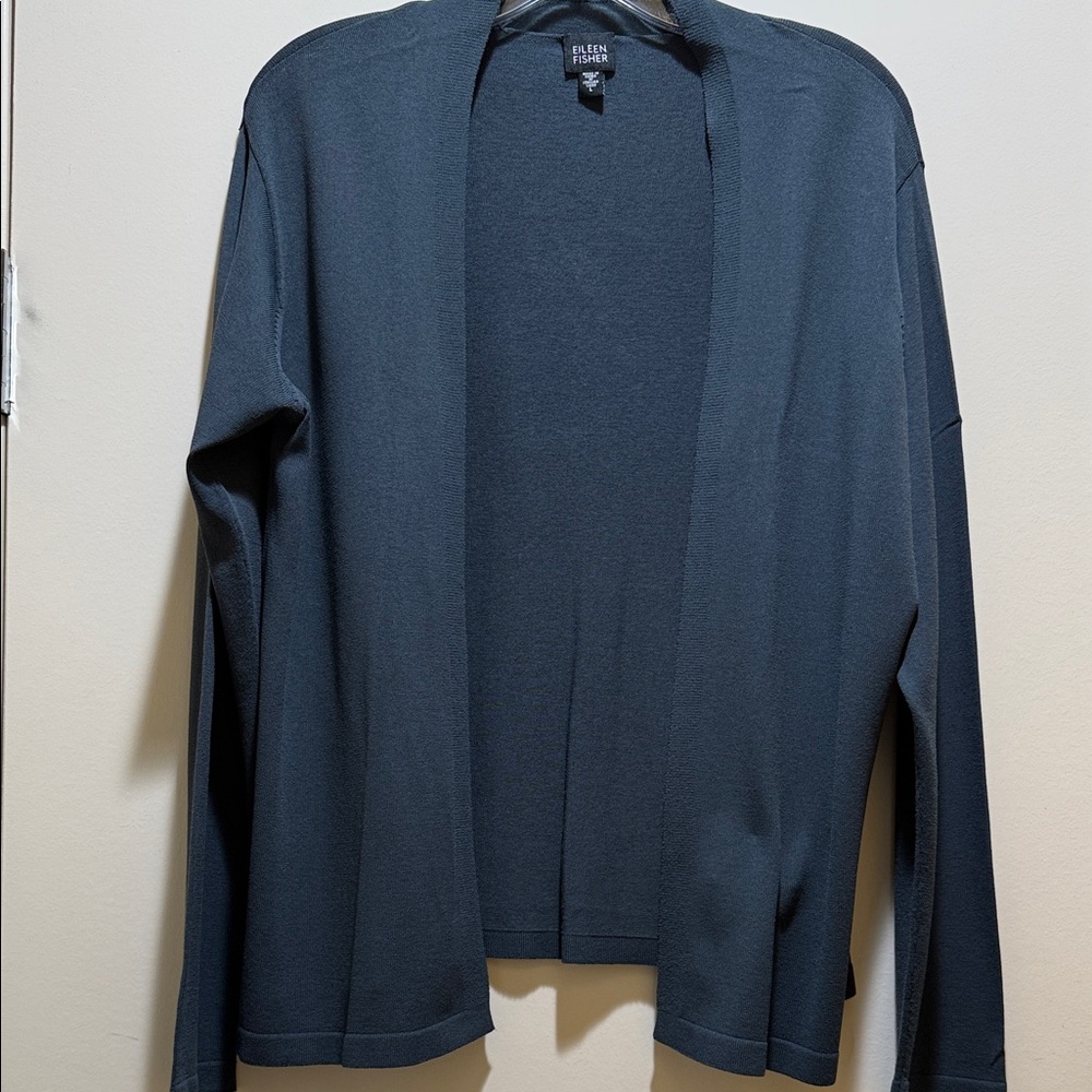 Eileen Fisher Dark Green Open Front Fine Gauge Knit Cardigan Size Large